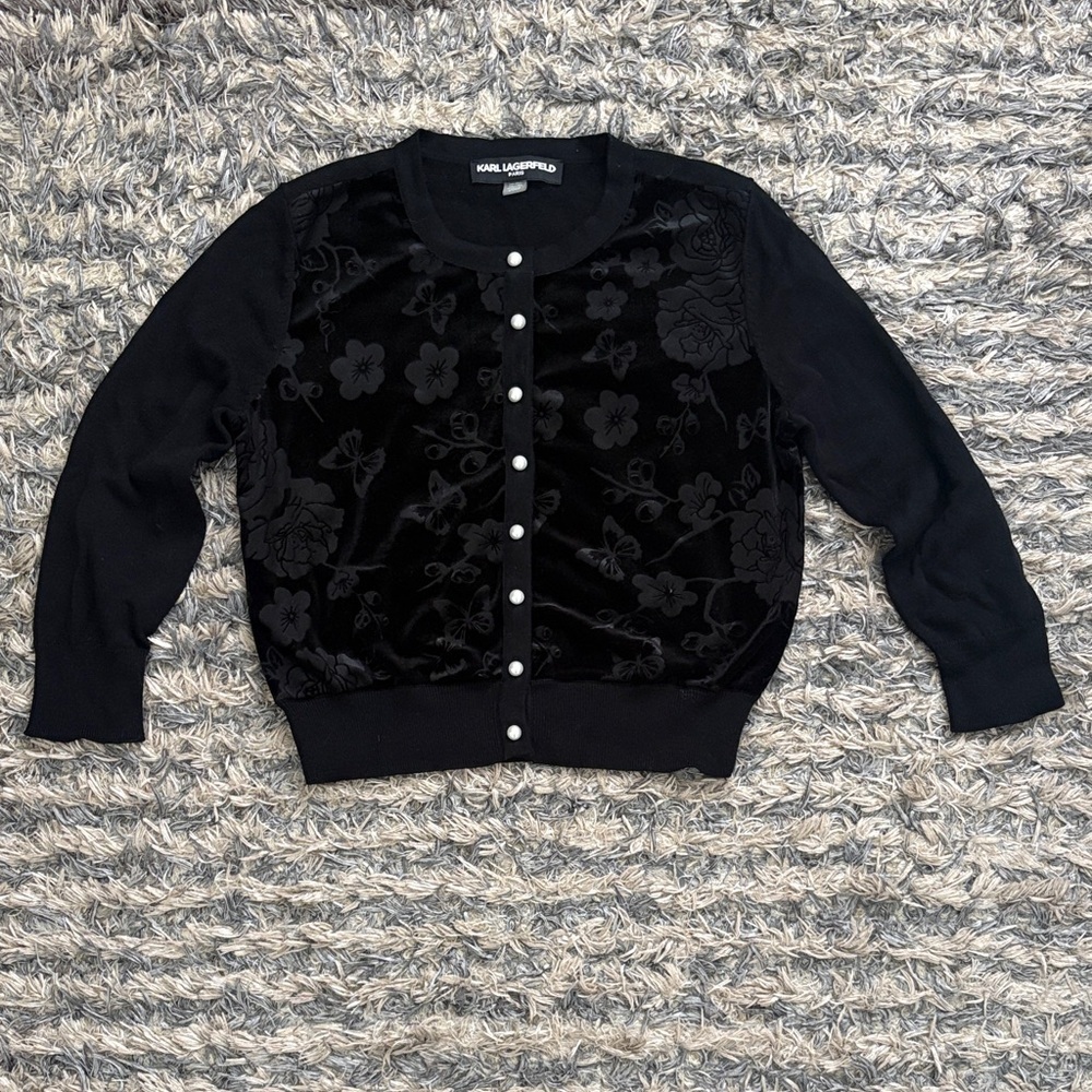 Karl Lagerfeld Black Knit Floral Pearl Button Cardigan, Size S